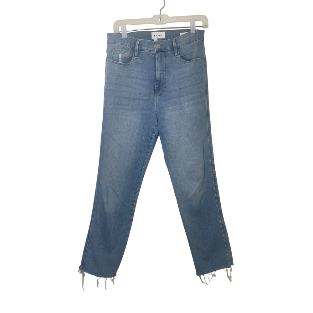 Frame Jeans Women's 29 Le Sylvie High Waist Raw Hem Straight‎ Crop Blue Denim